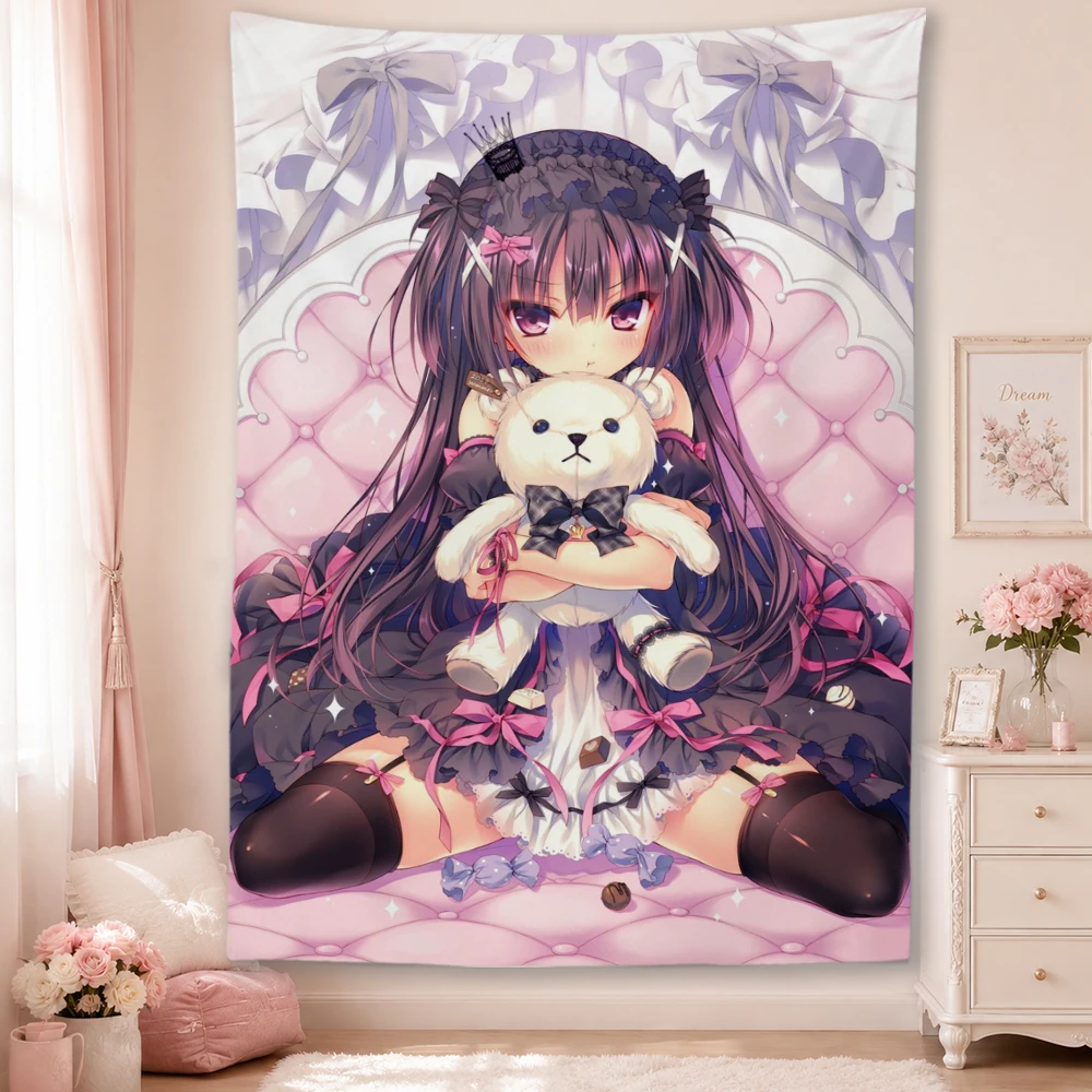 Cute Lolita Anime Girl Wall Tapestry Hug Teddy Bear Pastel Gothic Aesthetic Wall Hanging Bedroom Dorm Room Home Decor Cloth