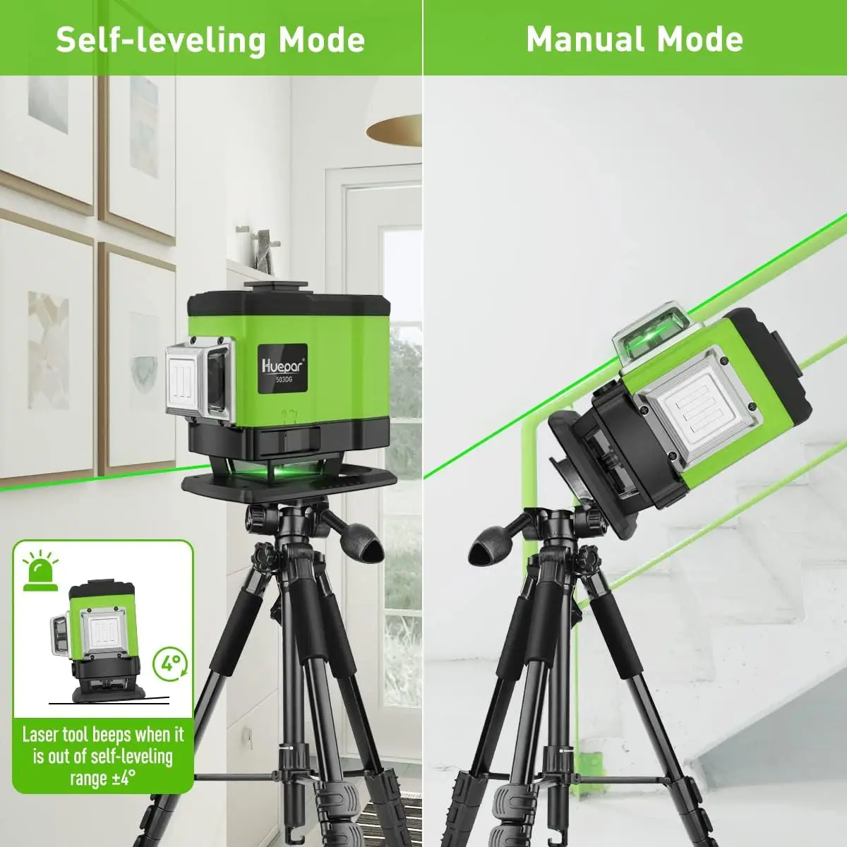 Huepar 3D Laser pelevelan sendiri, alat Laser lantai pelevelan tiga pesawat sinar hijau 3x360 dengan kendali jarak jauh
