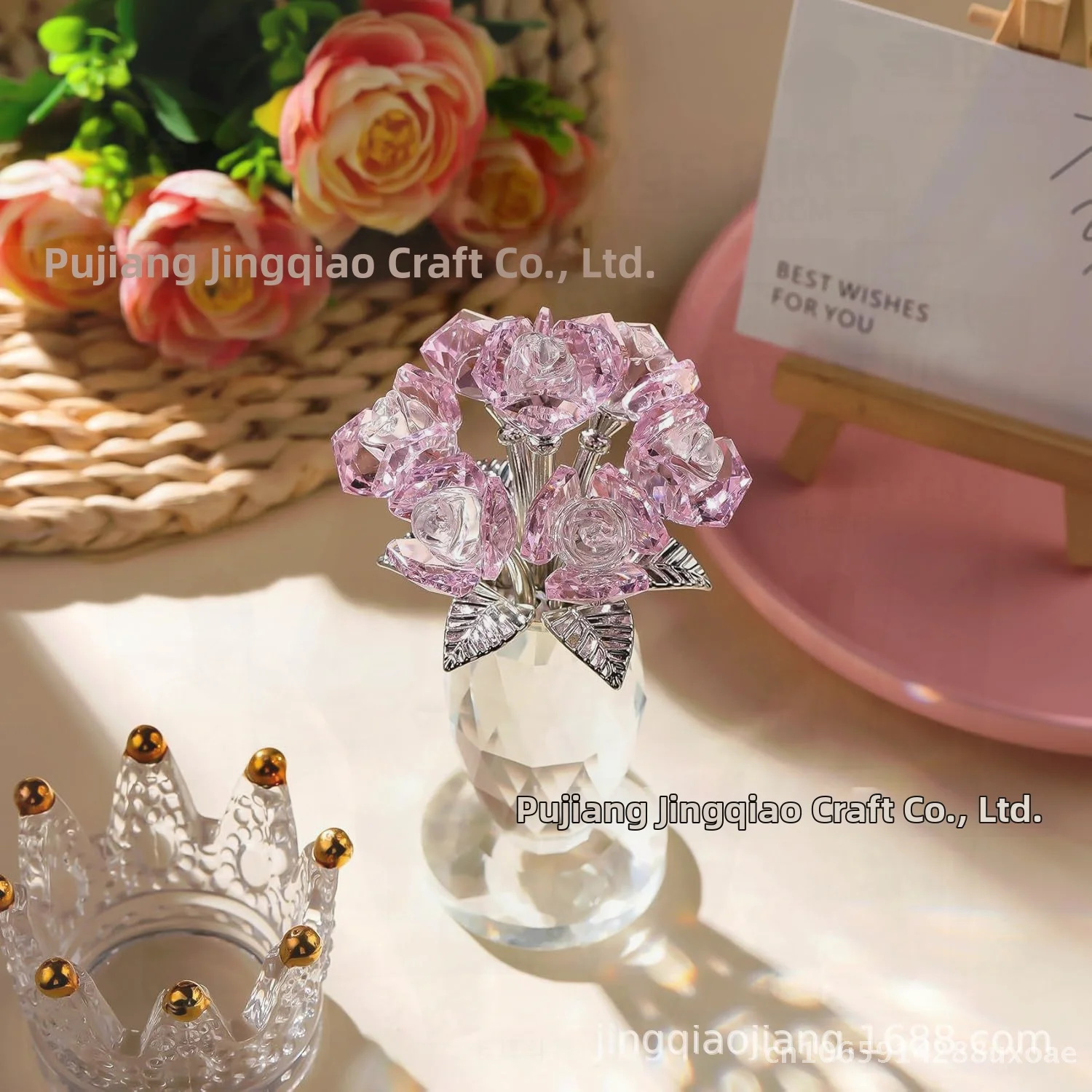 

Scandinavian Style Crystal Tall Bottle with Blooming Seven-Headed Roses Eternal Love Theme Creative Home Table Setting