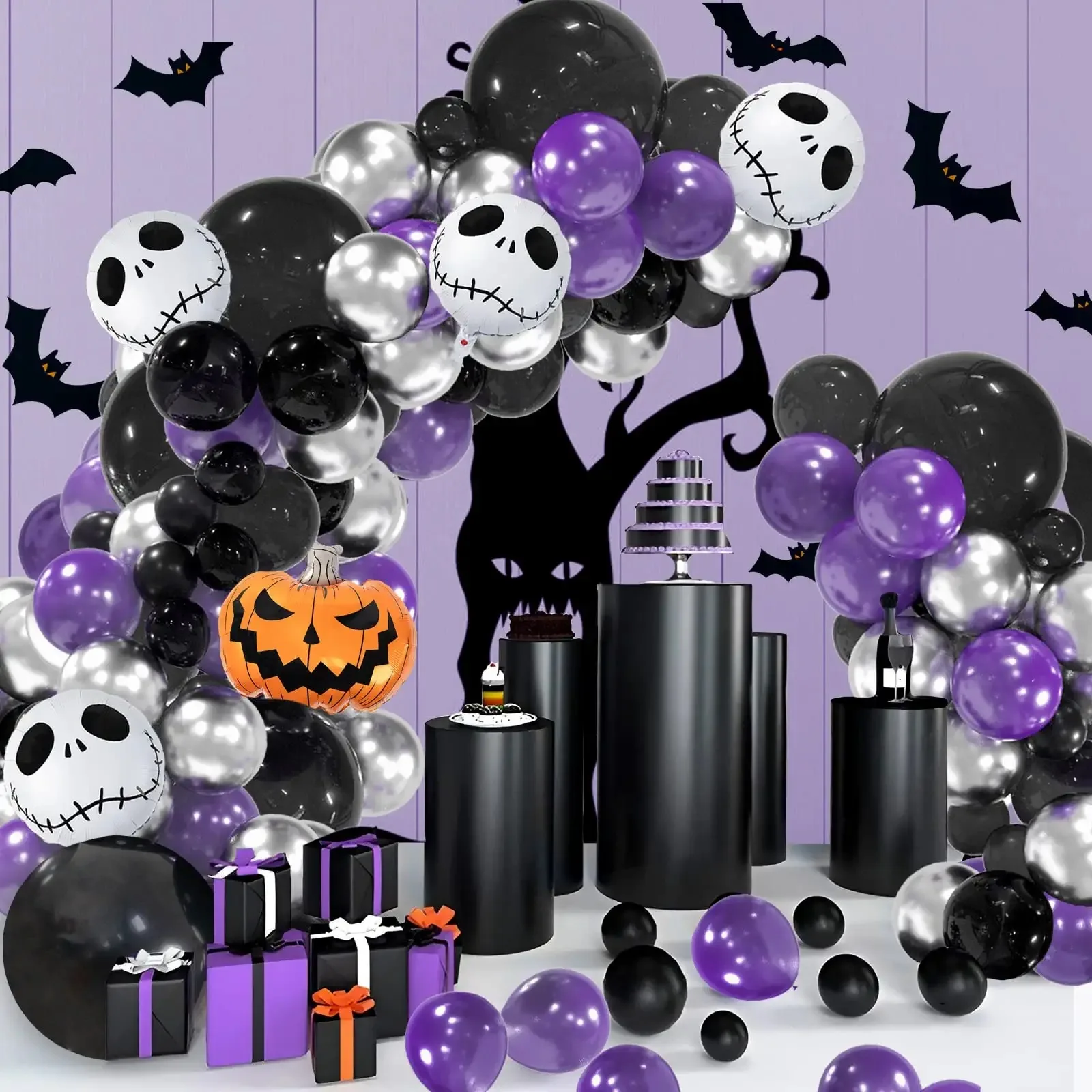 Halloween Party Decoration 141PCS Balloons Garland Kit  Purple Black Pumpkin Skull Balloons Day of the Dead Nightmare