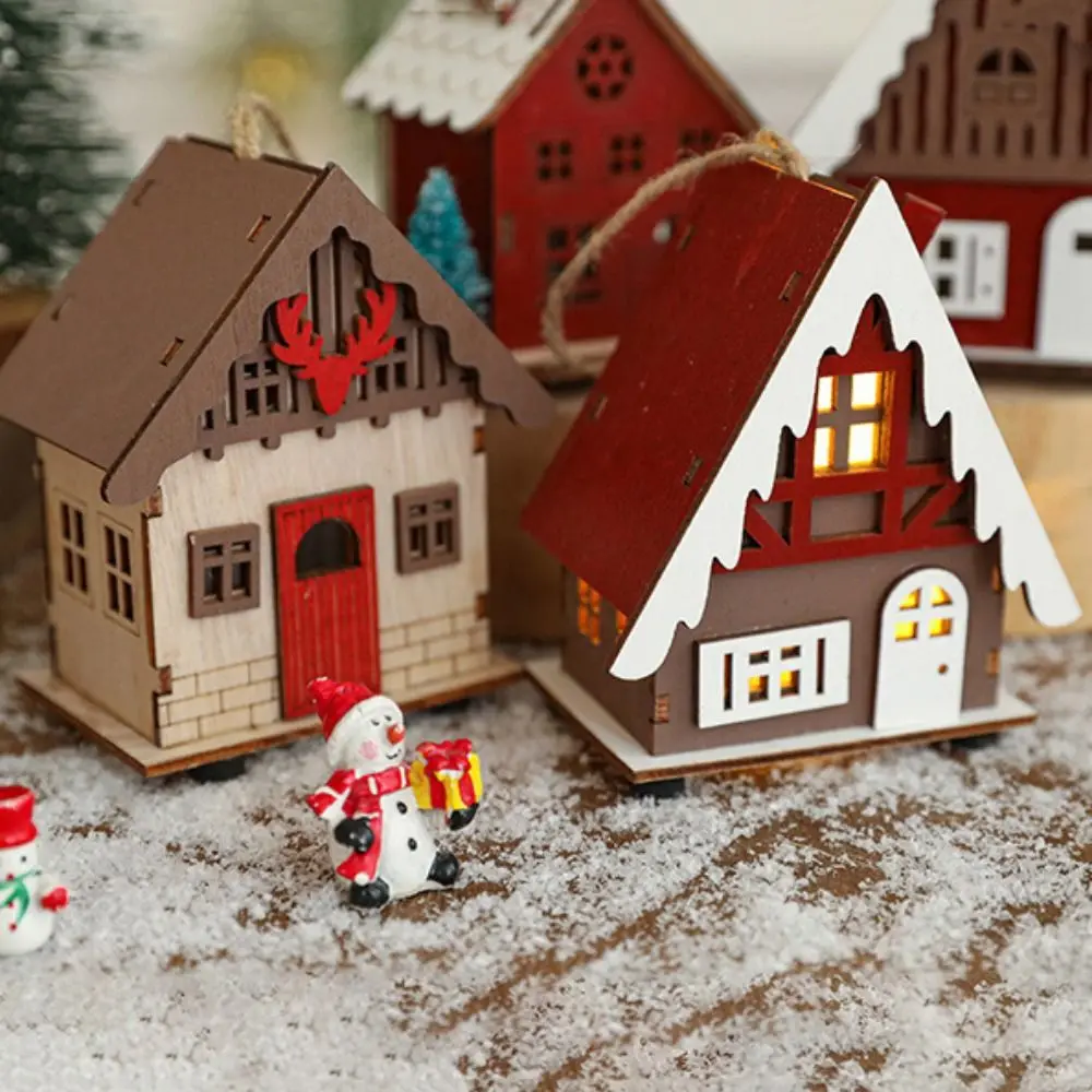 Decorative Christmas Snow House Pendant Elk Christmas Tree LED Wooden Christmas House Hanging Mini Xmas Light Up Building