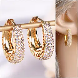 RAKOL Hollow Gold Color Hoop Earrings for Women Paved Dazzling CZ Stone Luxury Trendy Female Circle Earrings Statement Jewelry