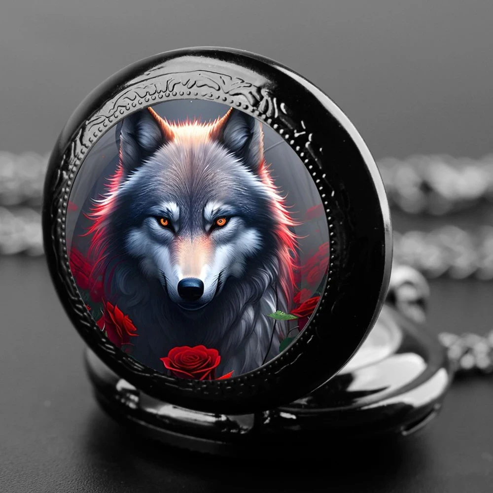 10pcs/lot Unique Wolf Animal Pattern Quartz Pocket Watch Black Necklace Pendant World-Time Feature Analog Display For Women Men
