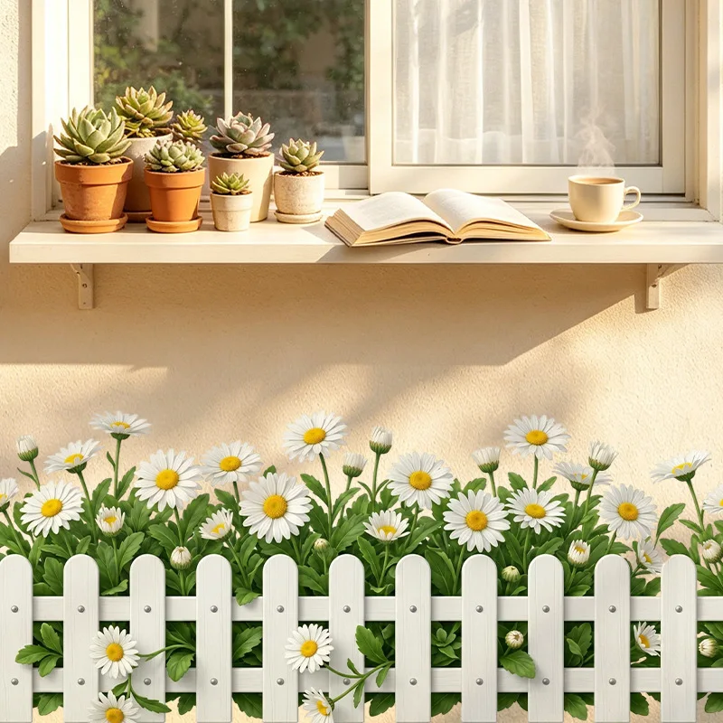 Daisy Fence Wall Decals Removable White Daisy Flowers Wall Stickers Floral Wall Art Decor for Bedroom Living Room Kitchen view 2