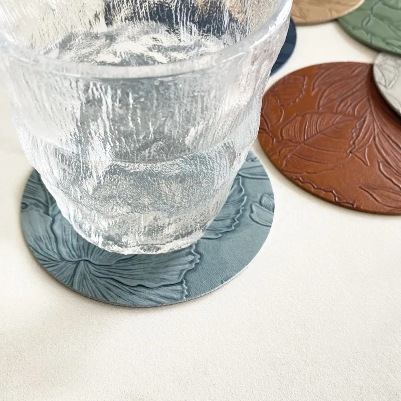 Luxury Round Leather Coasters for Drinks Non Slip Heat Resistant Mats for Table Desk Coffee Cups Home Bar Office Kitchen Marble