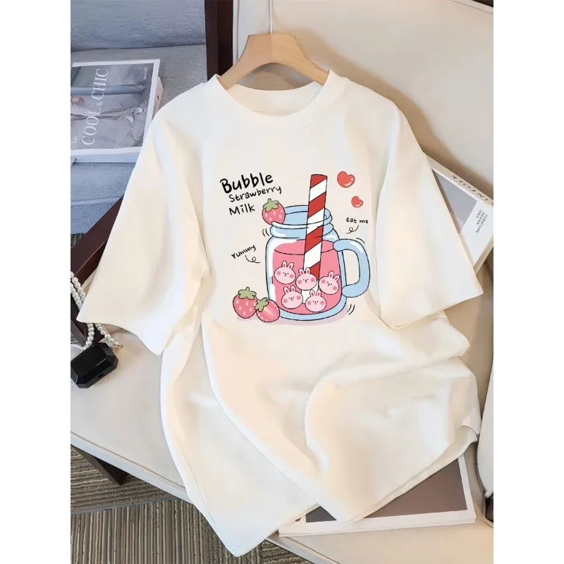 

Motorcycle 2025 Delicious strawberry drink printed women's T-shirt summer breathable street leisure sports cool short sleeves