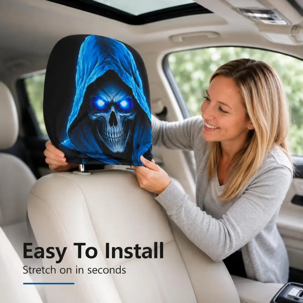 2 Stück Blau Leuchtende Totenkopf-Autokopfstützenbezüge, Horror-Sensenmann Universelle Elastische Auto-Kopfstützenschoner – Detail 3