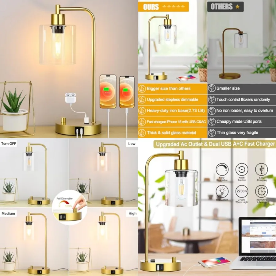 

Industrial Table Lamp with USB A+C Ports and Outlet, Fully Stepless Dimmable Modern Nightstand Lamp, Glass Shade Bedside Desk L