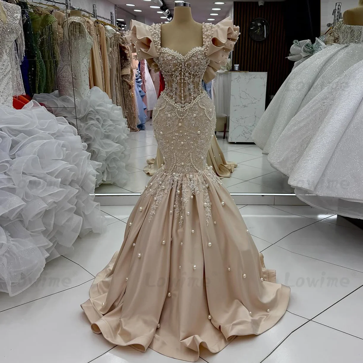 

Элегантные атласные вечерние платья-русалки цвета шампань с жемчужной вышивкой, больших размеров, для вечеринок, свадеб, выпускных вечеров, для арабских женщин, длинное платье 2026