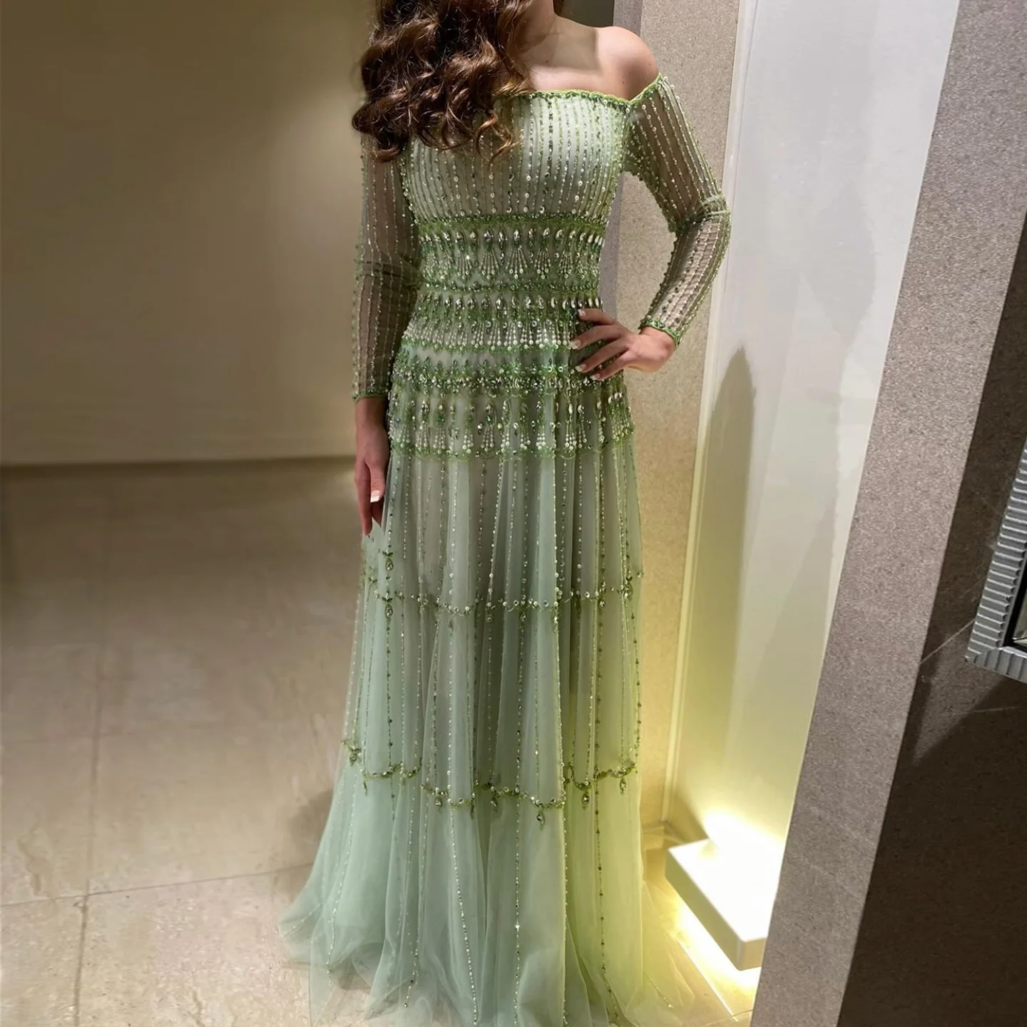 Sharon Said Off Shoulder Sage Green Luxury Dubai Evening Dresses Long Sleeves Arabic Women Wedding Party Gowns SS588 Customized