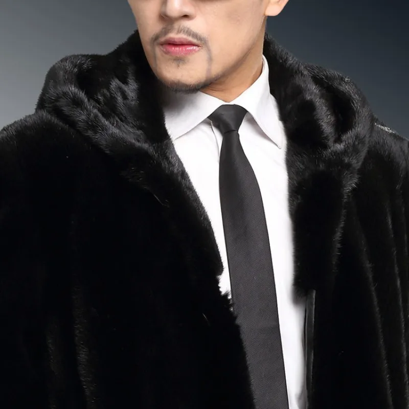 Winter Thick Warm Men Mid-Length Hooded Faux Fur Coat Luxury Brand Single Breasted Long Sleeve Loose Windbreaker Fur Coats