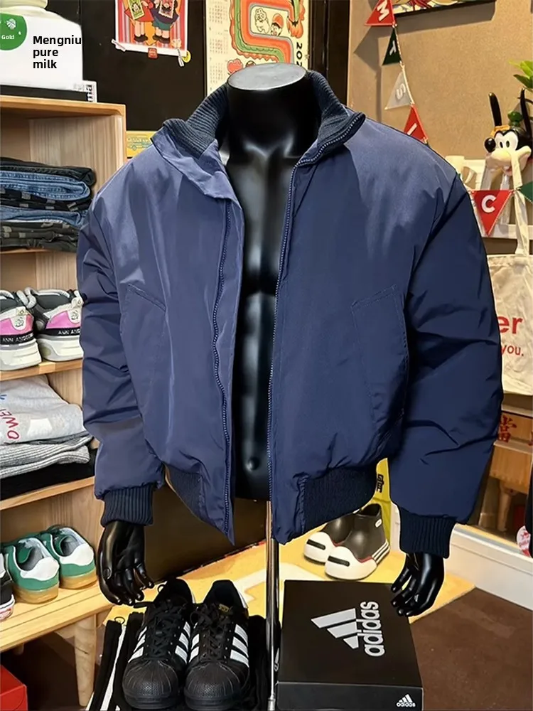 

Мужская зимняя куртка-бомбер из хлопка цвета кобальтовой синевы с воротником-стойкой, модная, повседневная, на молнии, в стиле рабочей одежды