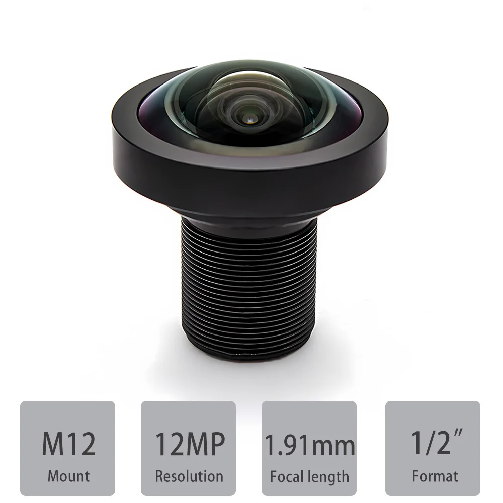 

M12 Mount Lens HD 12MP 1.9mm 185° Fisheye Lens Aperture F1.8 Format 1/2" With 650mm Filter For CCTV Surveillance Security Camera