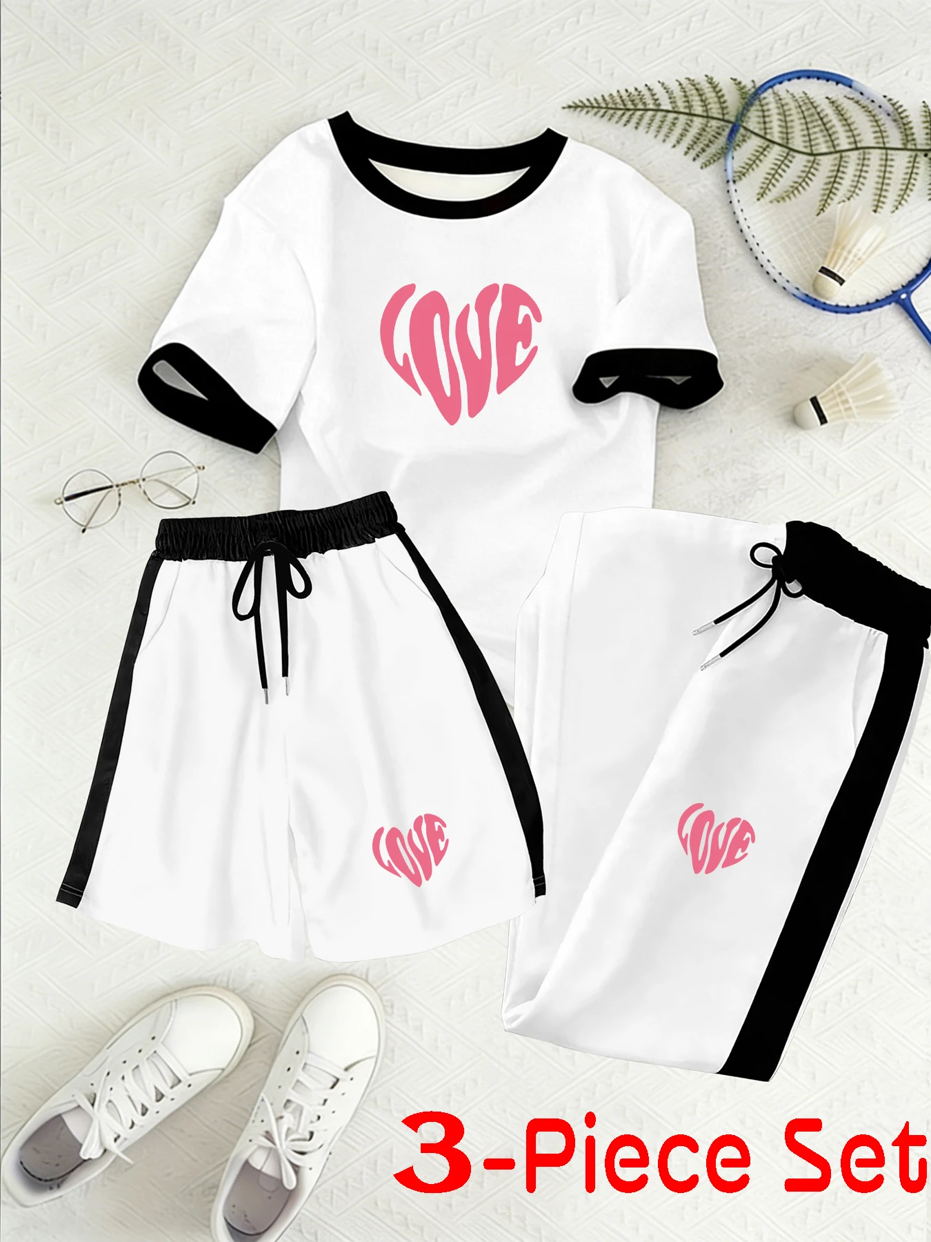 Sweet Style Ins-Style Love-Themed Pink Twisted Love Heart Print Women's Three-Piece Set Short-Sleeve Shorts and Long Pants Casual Sports Suit for Summer Daily Commuting, Shopping, Home Wear, Versatile for Multiple Occasions, Casual Versatile Set for Women