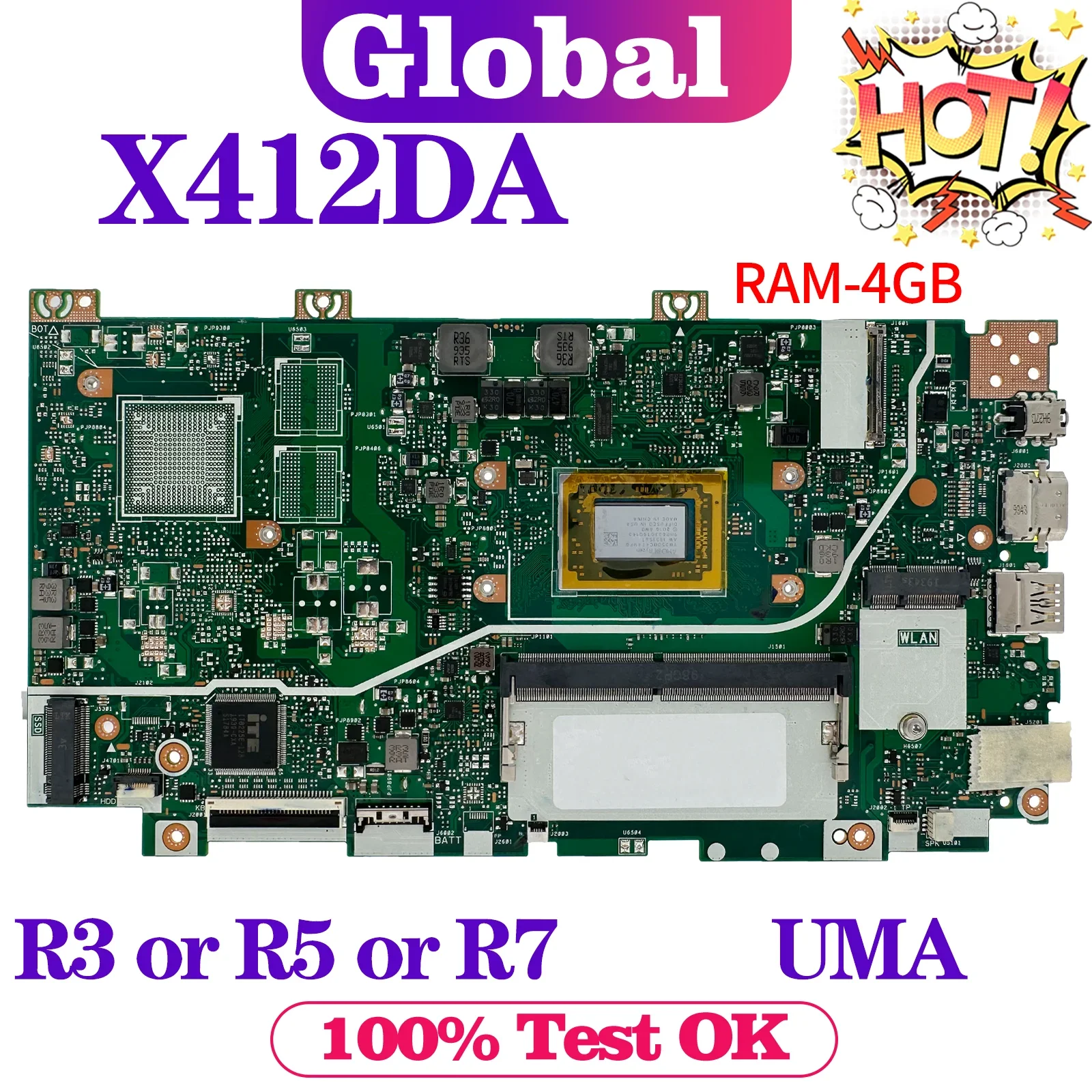 KEFU-Laptop Motherboard for ASUS, X412DK, R412DA, F412DA, A412DA, A412DA, F412DK, X412DA, R3, R5, R7, 4GB RAM, V2G, UMA