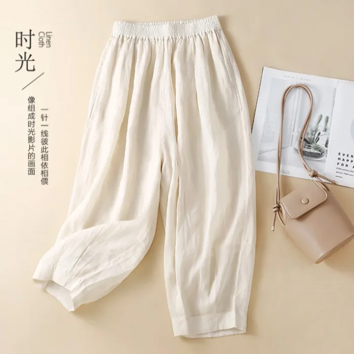 

Solid Color Double Layer Linen Harem Pants for Women Summer Fashion Elastic Waist Loose Casual Comfortable Capri Trouser Female