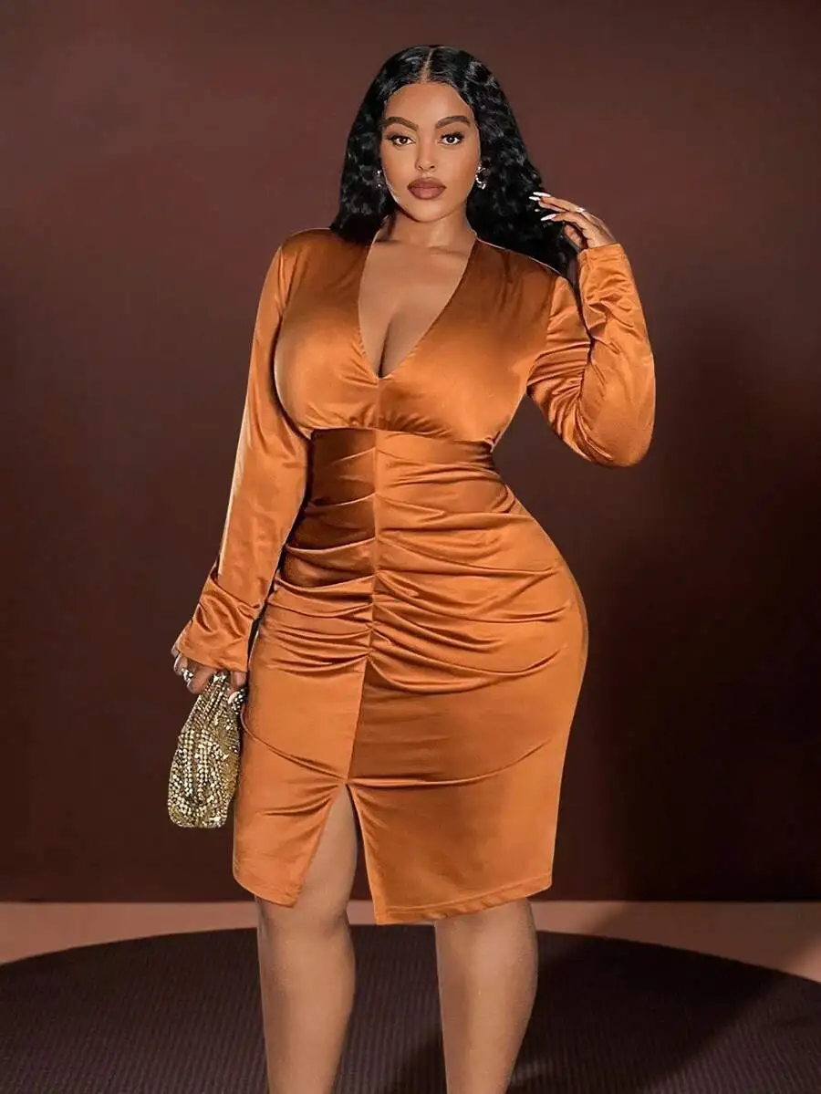 

Элегантное атласное облегающее платье с V-образным вырезом, длинными рукавами и драпировкой, больших размеров, для вечеринок и свиданий