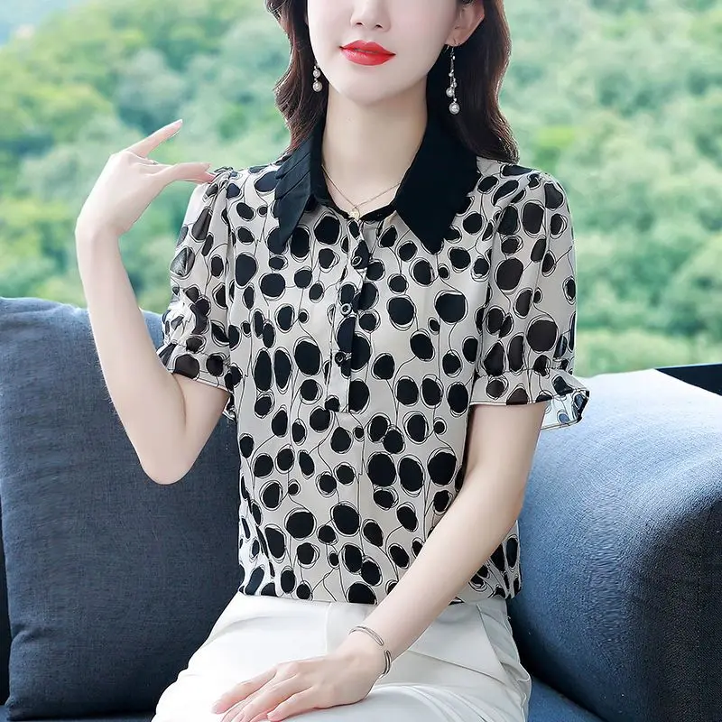 

Summer Print Polka Dot Blouse Youthful Feminine Elegant Shirt