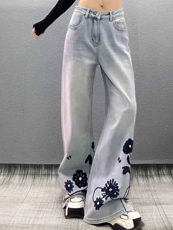 

Retro Embroidered Flower Casual Jeans High Waist Loose Slim Straight Leg Wide Leg Long Pants Women's Spring 2026