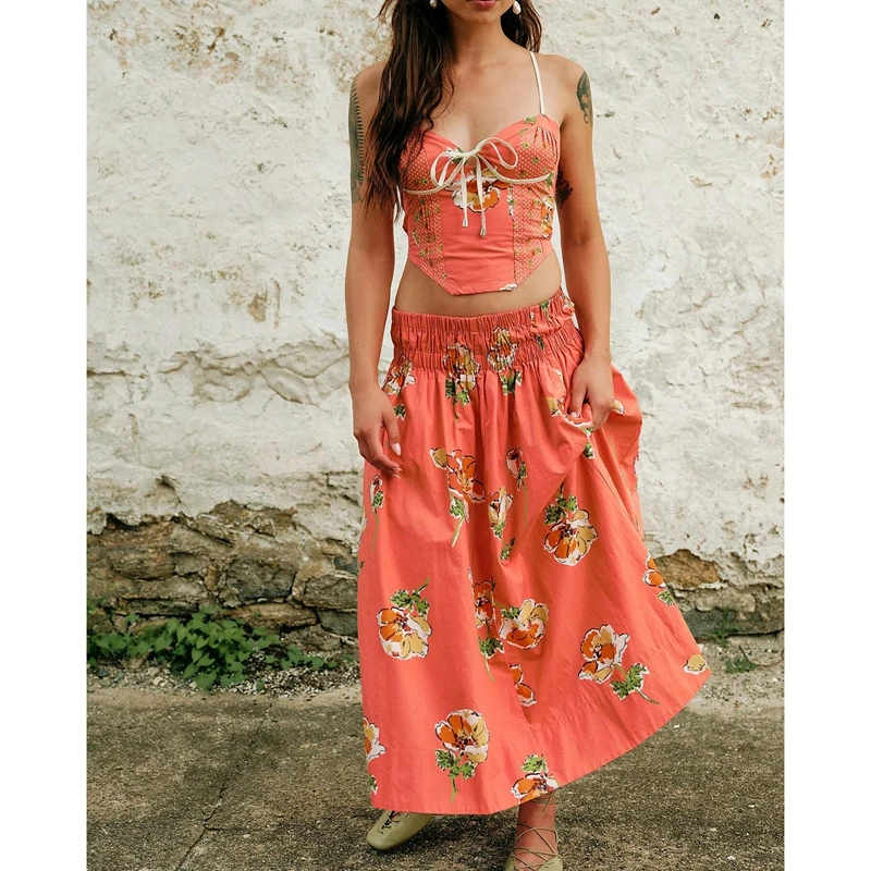 

Combhasaki женский летний комплект одежды из 2 предметов с цветочным принтом, корсет с завязками на спине, жилет, топ + эластичная широкая длинная юбка трапециевидной формы с низкой талией