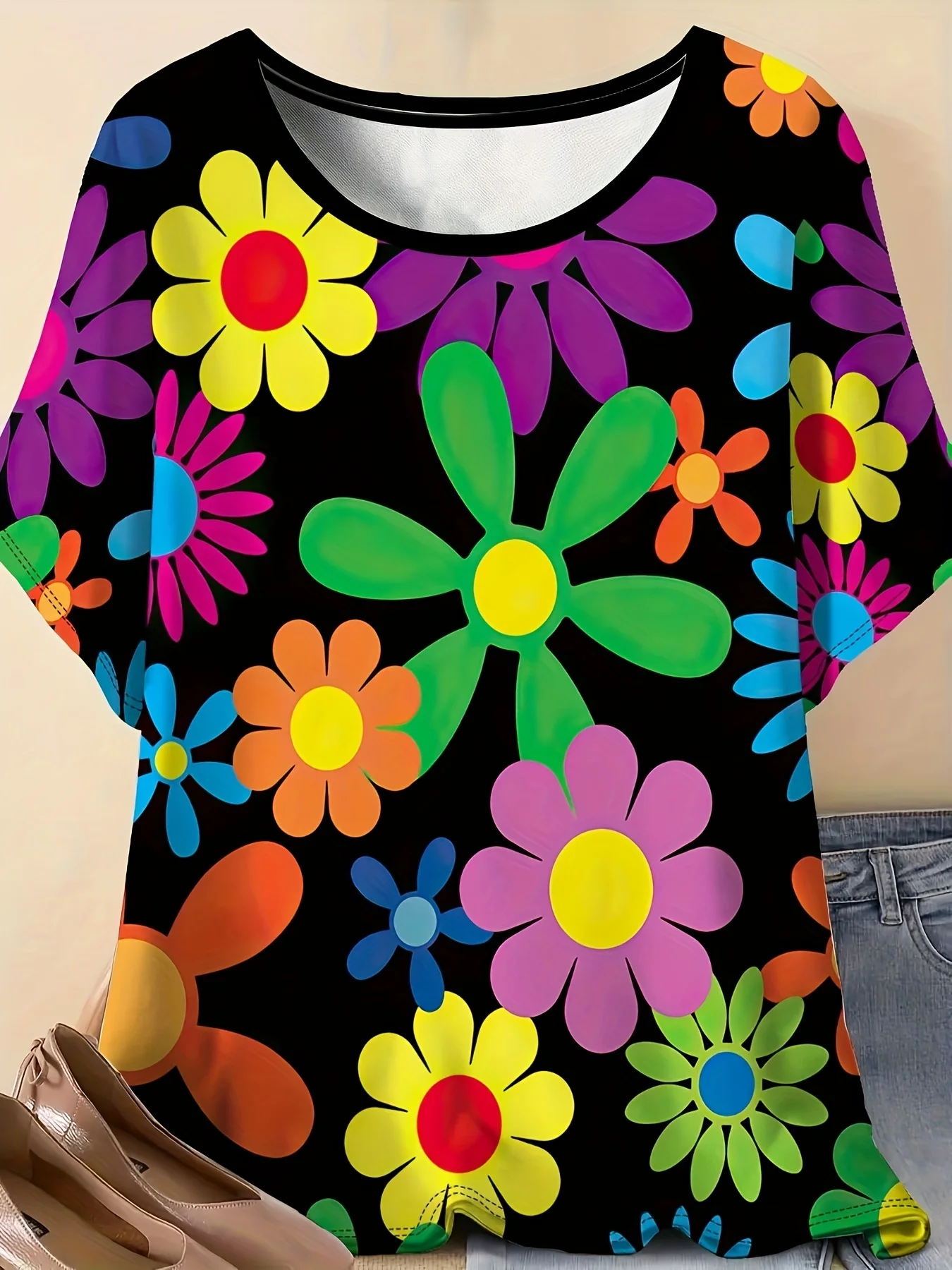 

Women Plus Size Casual T-shirt Printed Short Sleeve Round Neck Hip-hop Style Summer Top Loose Fit Casual Quick Drying Breathable