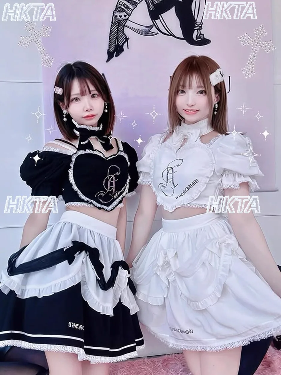 Japanese Style Hot Diamond Letter Love Round Neck Short Sleeve Shirt Lace Hot Girl Short Tops Layer Maid Mini Skirts Set Women