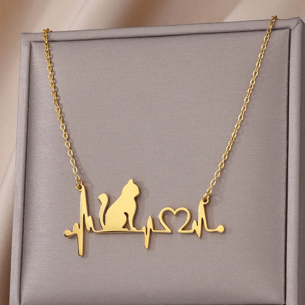Collier chat battement de coeur en acier inoxydable pour femmes et filles, chaîne de couleur or, ras