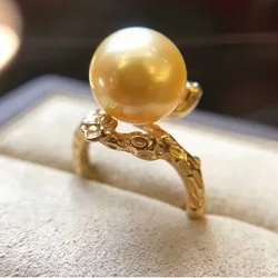 Open ring Gorgeous HUGE AAAA ++++11-12MM 12-13MM 13-14MM  ROUND Gold Pearl Ring S925 Silver Seawater Nanyang