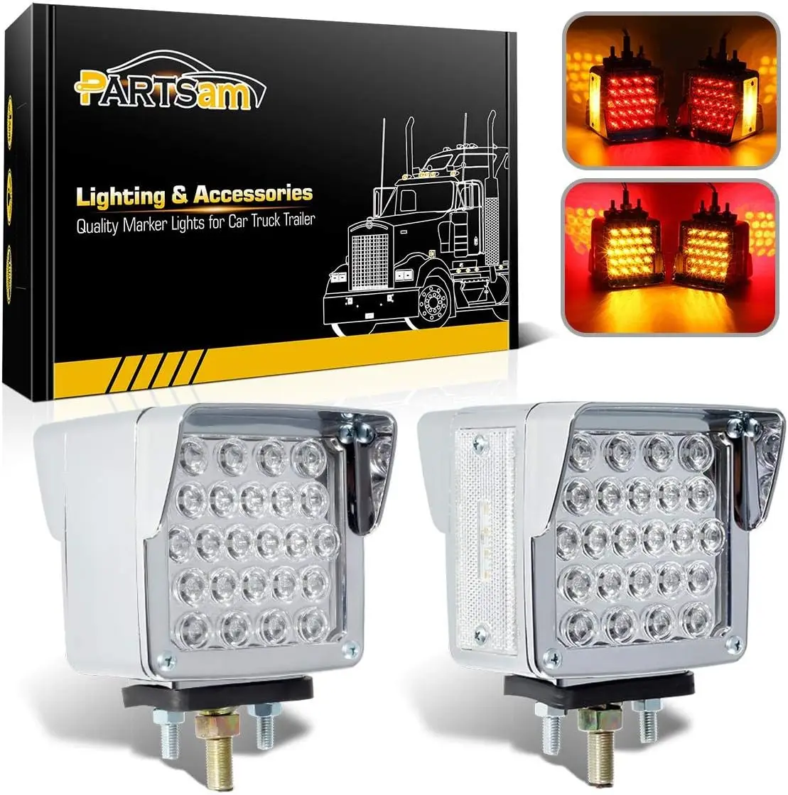 

Двусторонние квадратные светодиодные фонари на крыльях Янтарный/красный 52LED 3-зубчатый хромированный водонепроницаемый с боковым отражателем