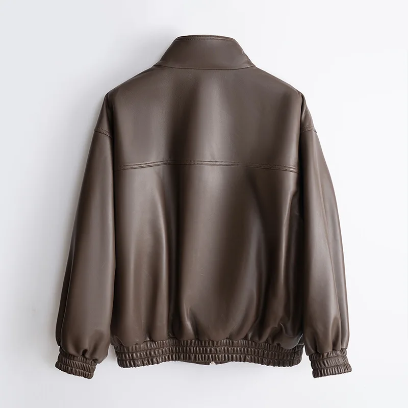 سترة نسائية جديدة لعام 2025 من الجلد الطبيعي موضة ملابس الشارع الشهير سترة نسائية كبيرة الحجم بياقة واقفة معطف جلد غير رسمي للجنسين
