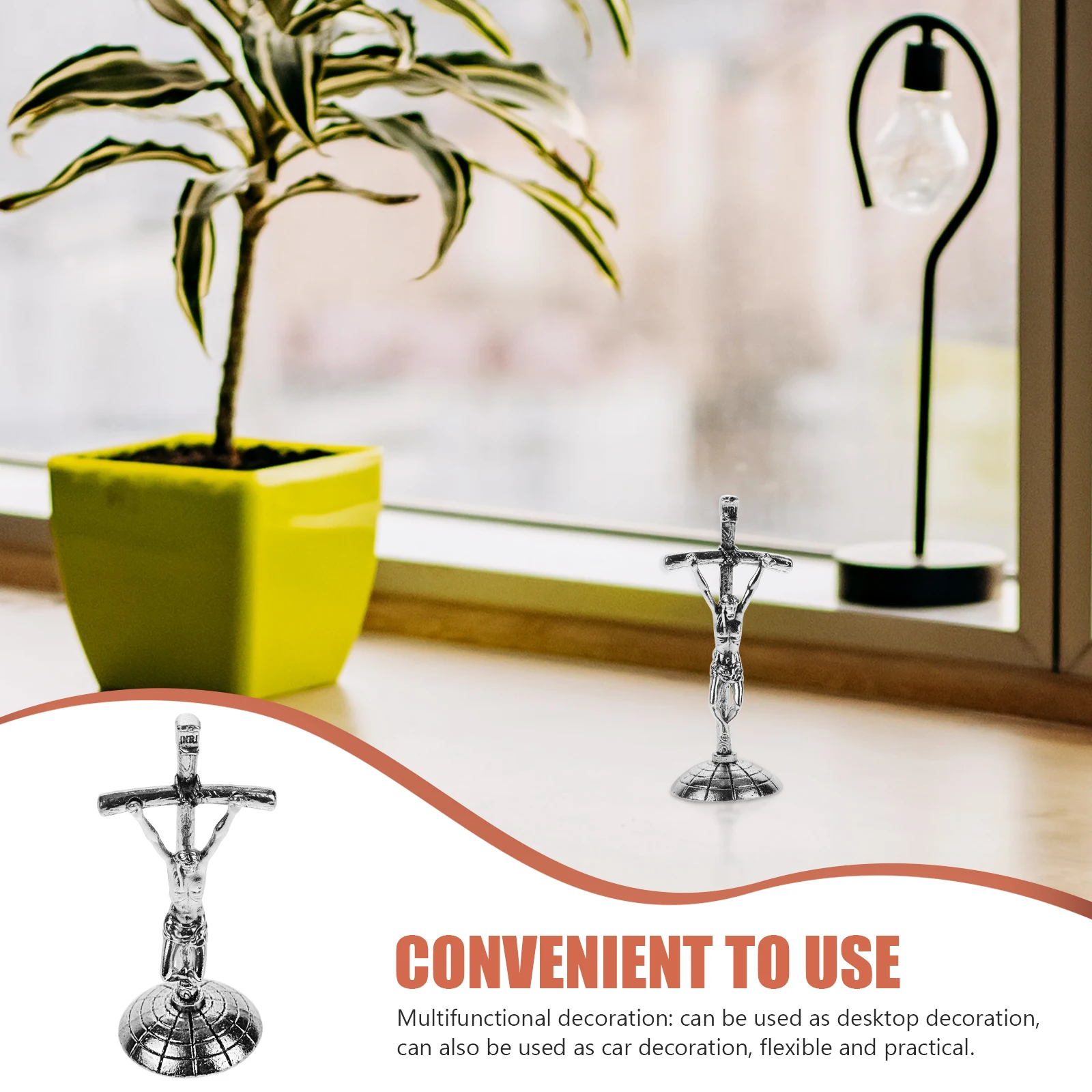 

Vintage Metal Jesus Cross Ornament Silver Crucifix Statue Catholic Table Decor Car Dashboard Religious Gift Alloy Standing Cross