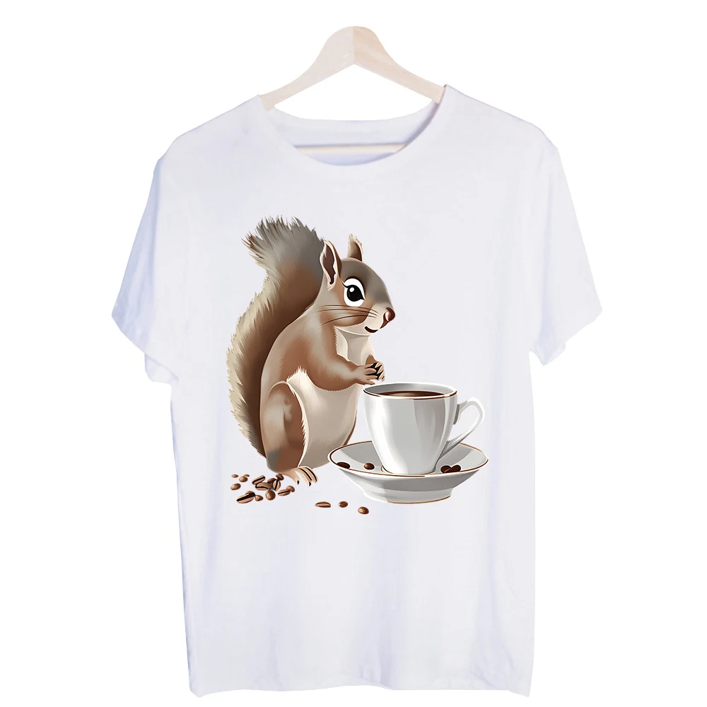 Unisex Squirrel and Coffee Cup Graphic Tee, Short Sleeve Crew Neck T-Shirt for Casual Daily Wear and Coffee Lover Outfits