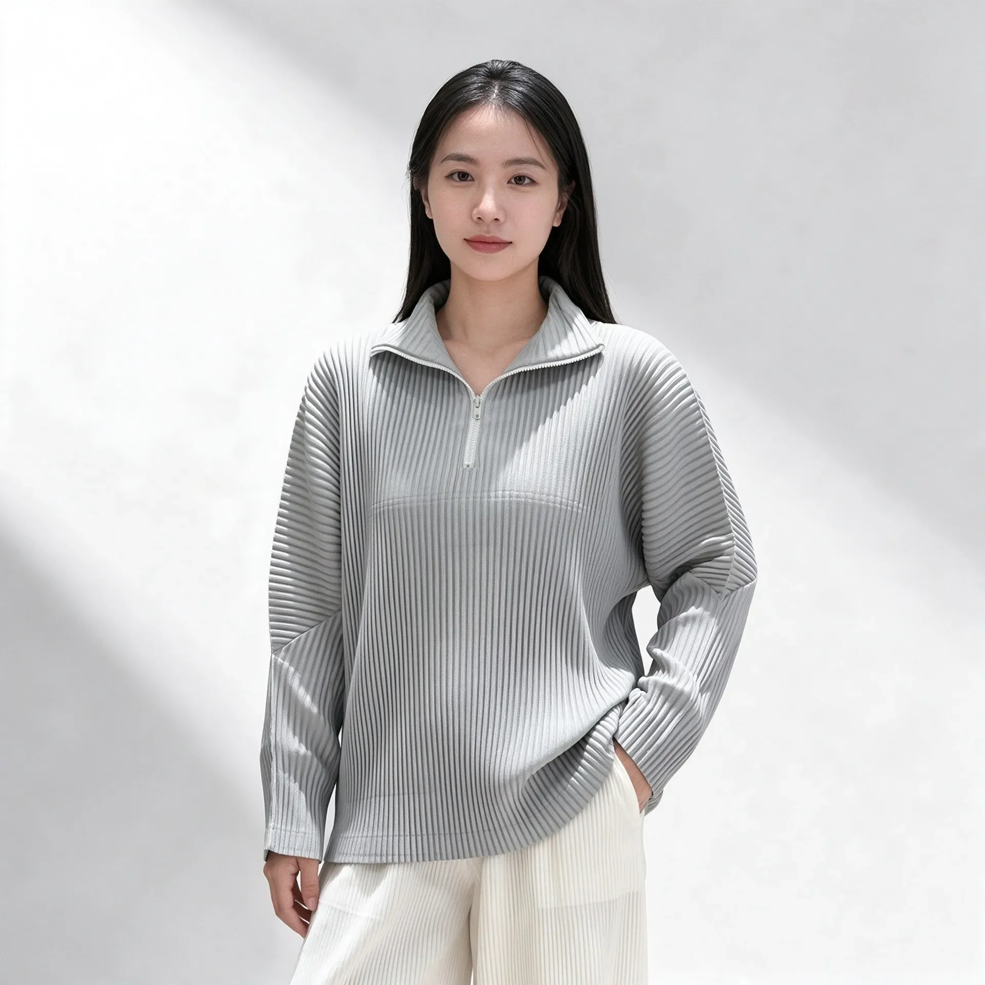 Miyake Women Pleated Half Zip Collar Top 2026 New Vertical Pleat Loose Long Sleeve Pullover Blouse