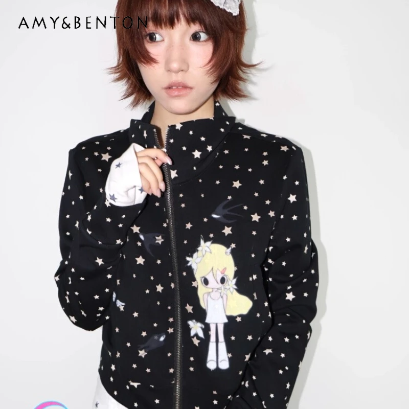 

Autumn New Black Illustration Women's Sweatshirt Coat Japanese Original Design Loose Slimming Versatile Hoodie Jacket Ladies