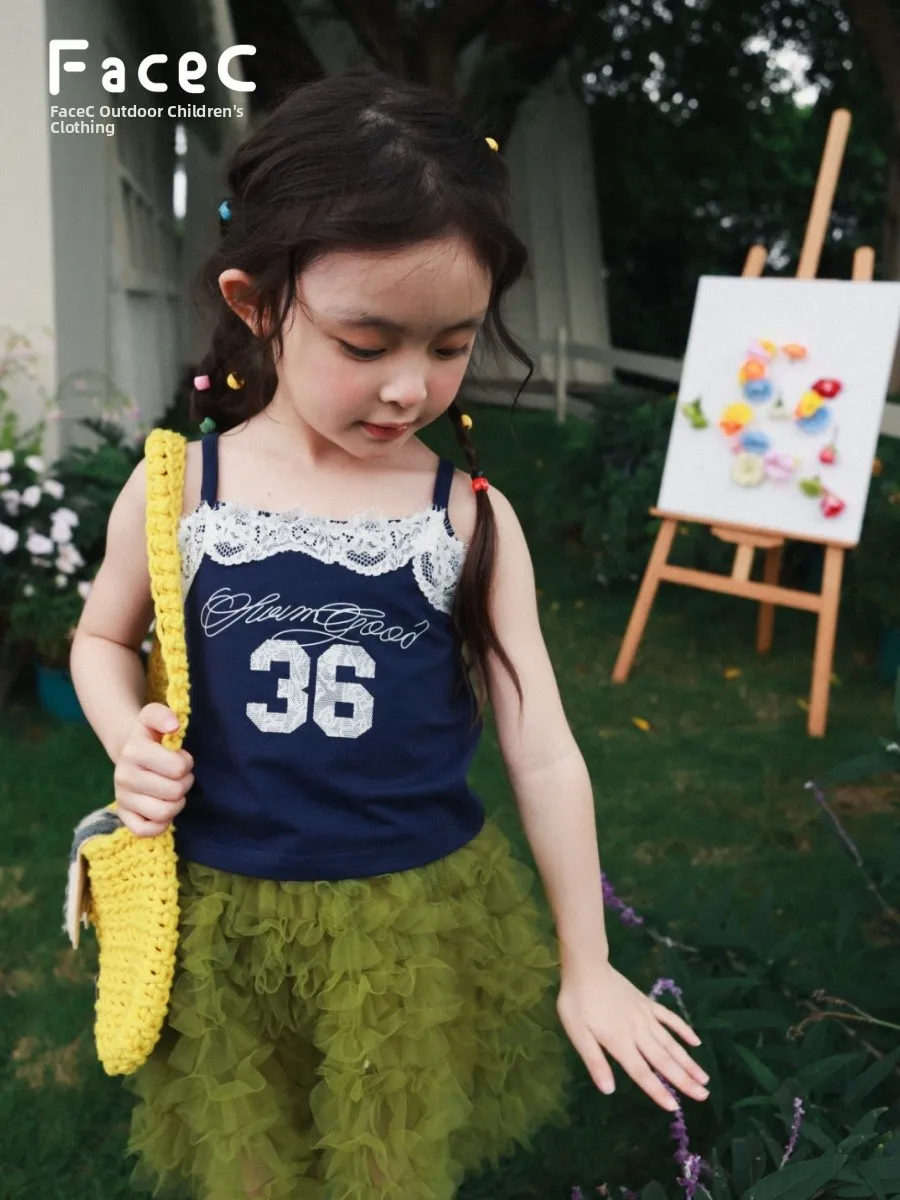 Sweet Cool Lace Trim Elastic Sports Camisole Vest for Girls Outdoor Camping Summer Fashionable Breathable Sleeveless Top