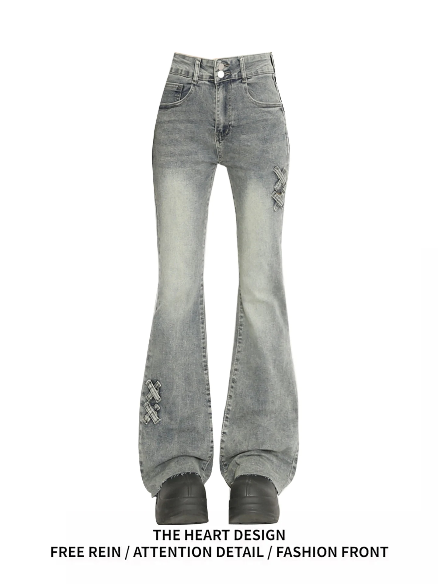 

American Retro High Waist Bell Bot Denim Jeans Women's Double Bule Knot Stretchy Floor Length Pants