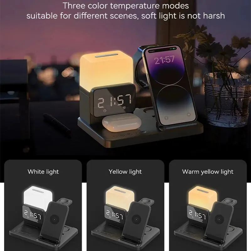 6 In 1 Wireless Charger Stand Pad Alarm Clock Lamp Foldable Fast Charging Dock Station for iPhone 14 13 12 11 IWatch 8 7 AirPods