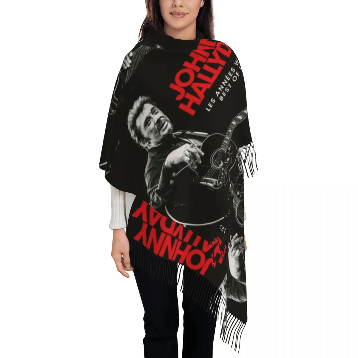 Johnny Hallyday Rock Scarf for Women Winter Fall Pashmina Shawl Wrap Long Large Scarves with Tassel for Daily Wear