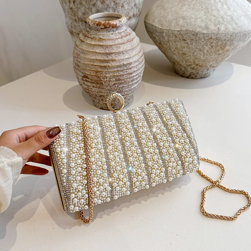 

Faionable Pearl Evening Bag Women's Box Chain Crossbody Bag 2025 New Sle Briti Sle Hard ell Lo Bule Closure