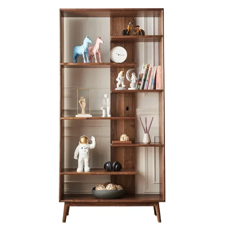 Black Walnut Wooden Bookshelf Nordic Antique Shelf Study Multi-Layer Display Stand Floor Shelf