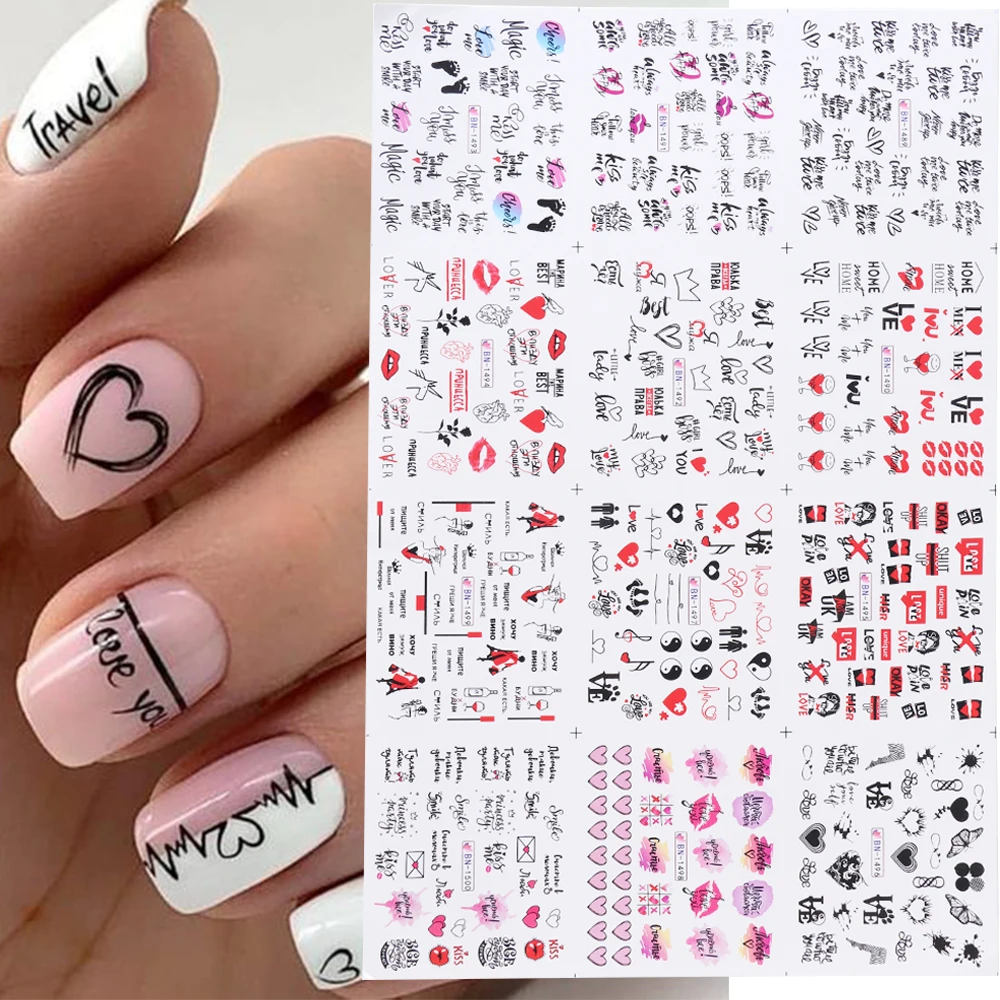 12pcs Valentines Manicure Love Letter Flower Sliders For Nails Inscriptions Water Sticker Tips Nail Art Decoration LEBBN1489-150