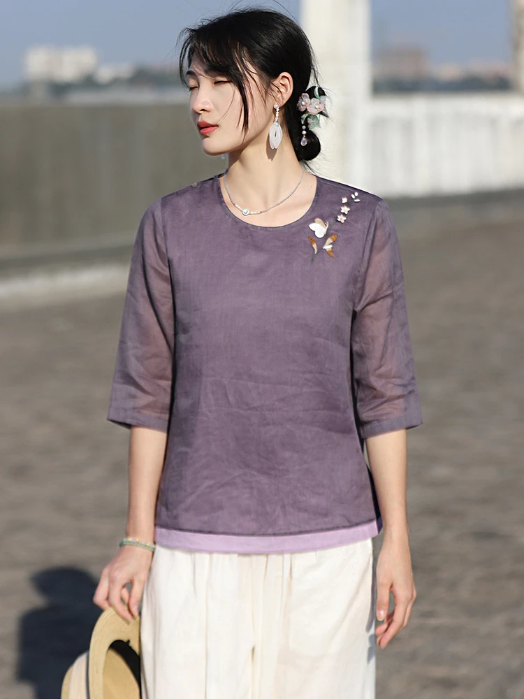 

Новые женские повседневные футболки из 100% льна, лето 2026, винтажный стиль, с круглым вырезом, цветочной вышивкой, женские топы с коротким рукавом, M2528