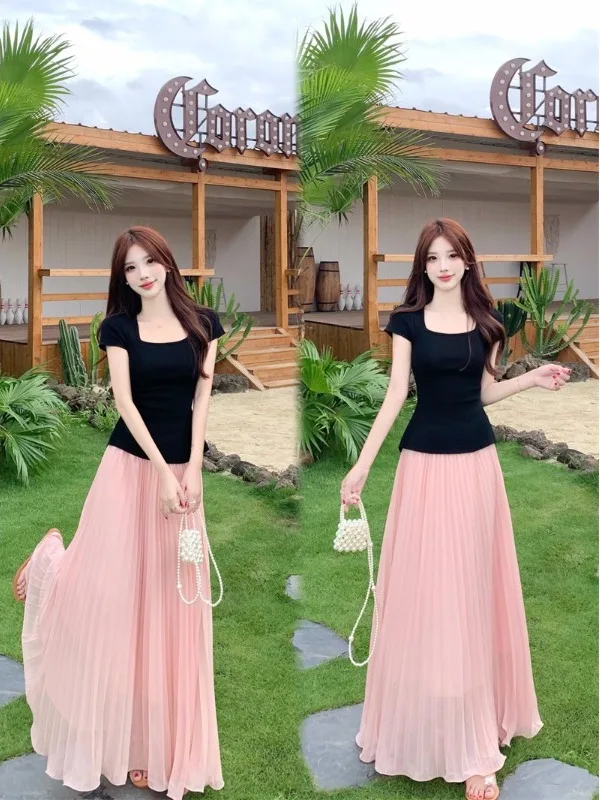 

plus Size T-Shirt And Skirt Set Casual Korean Style Short Sleeve Backless Pleated Half Body Fat MM Soft Style Two Piece Set