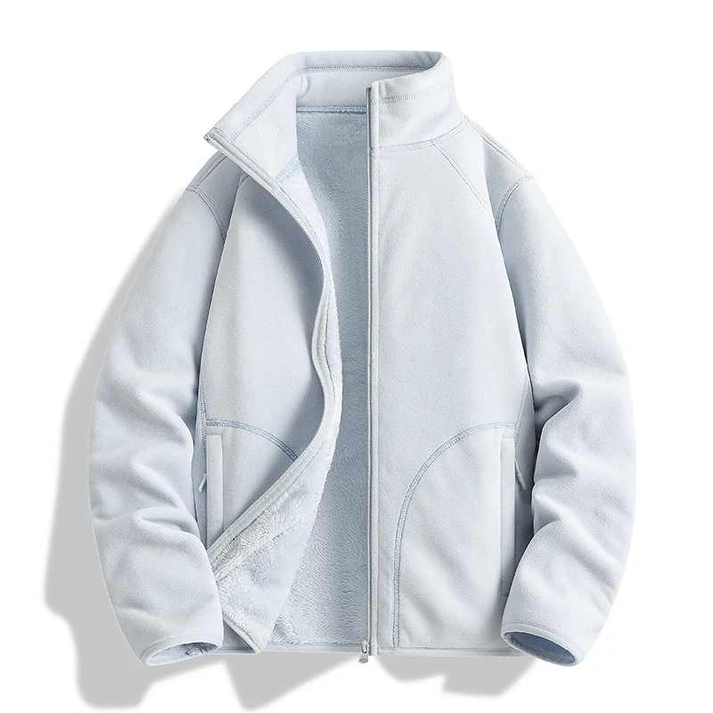 Unisex Double‑Sided Fleece Jacket Full‑Zip Stand Collar Thick Warm Fuzzy Lining Zipper Pockets Lightweight Thermal Outerwear For