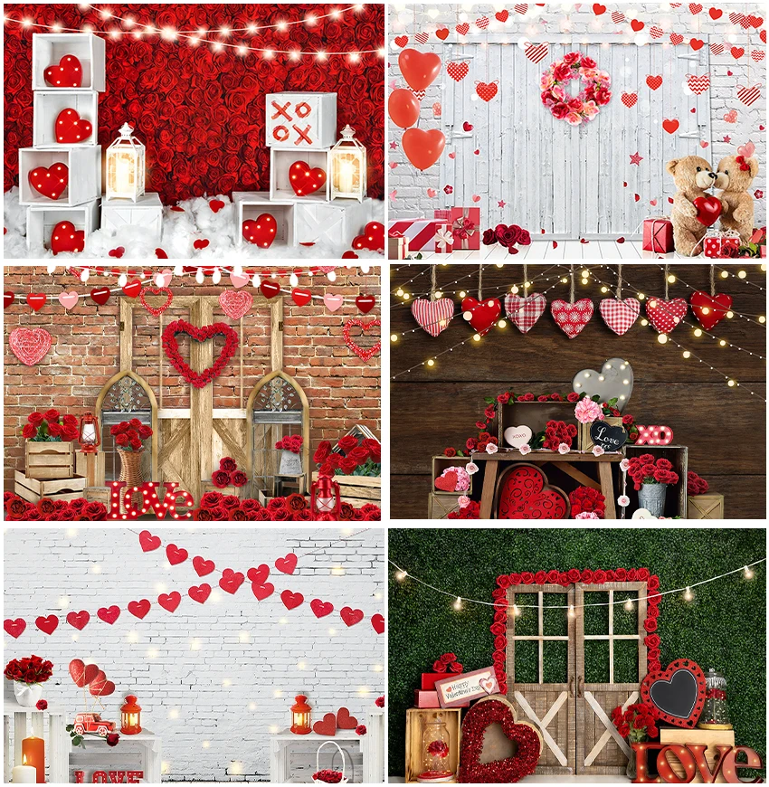 Red Roses Balloons Wood Brick Wall Love Light Backgrounds Photography Decor Valentine's Day Portrait Romantic Ceremony Backdrops