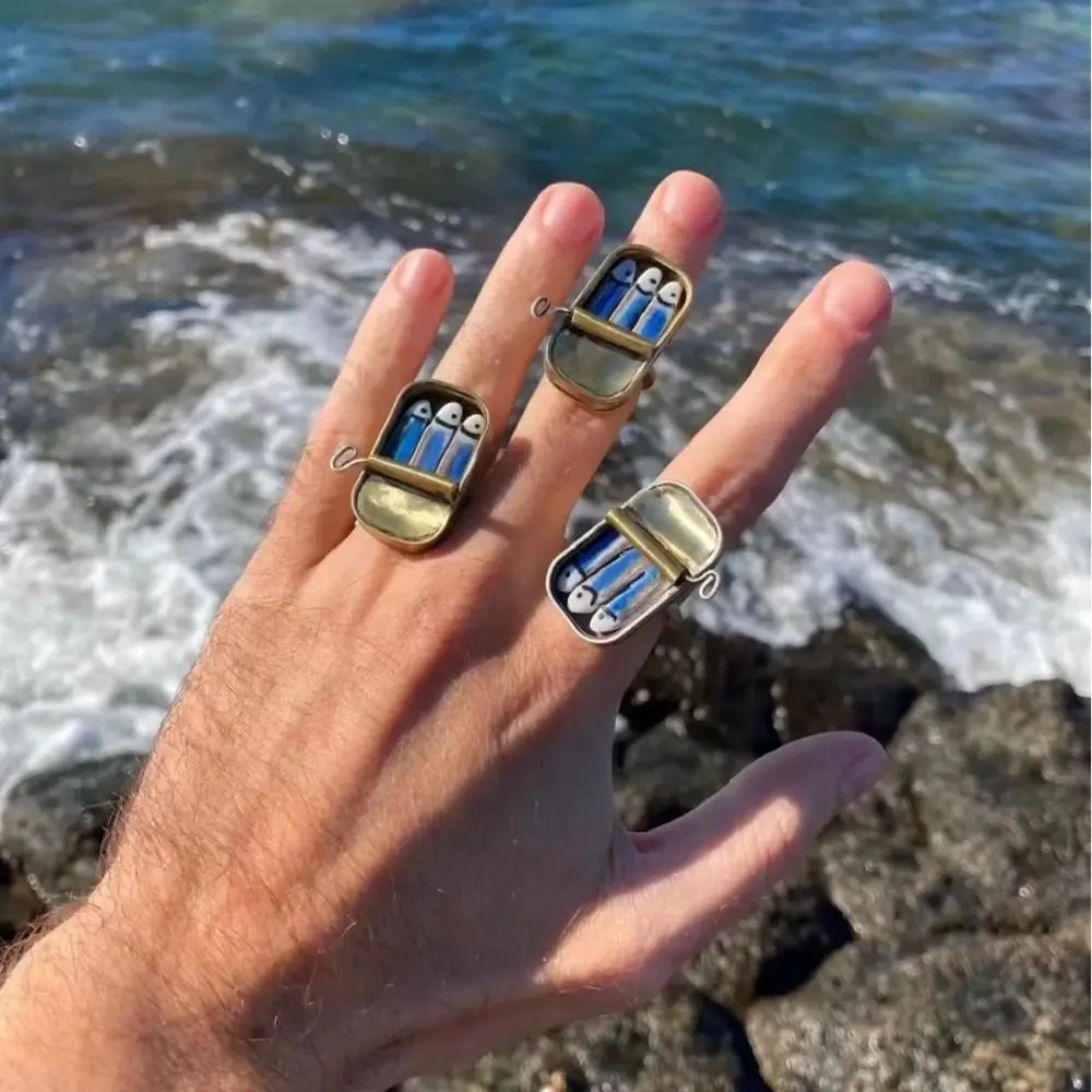Fashionable Punk Sardine Can Rings Gold Silver Alloy Sardines Finger Ring Unique Cute Fun Rings Women Men