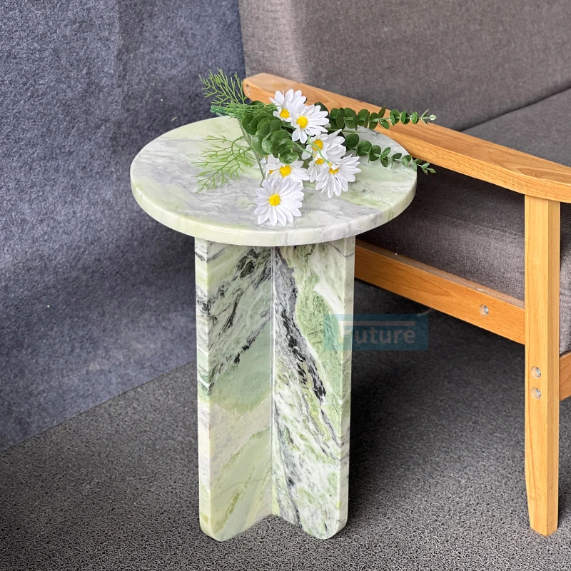 Natural Marble Table Luxury Round Top Green Marble Side Table for Living Room Bedroom Calacatta Viola Marble Plinth Coffee Table