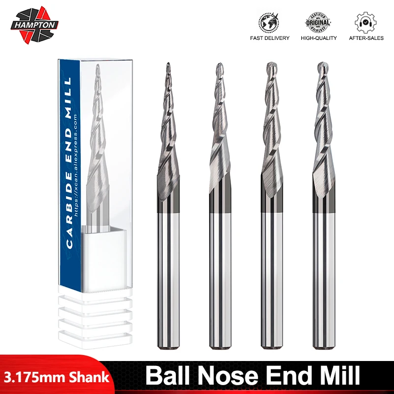 

3.175mm Shank 2Flute Tungsten Carbide End Mill R0.25-2.0 Ball Nose Tapered Cutter For Wood Metal CNC Milling Tool CNC Router Bit