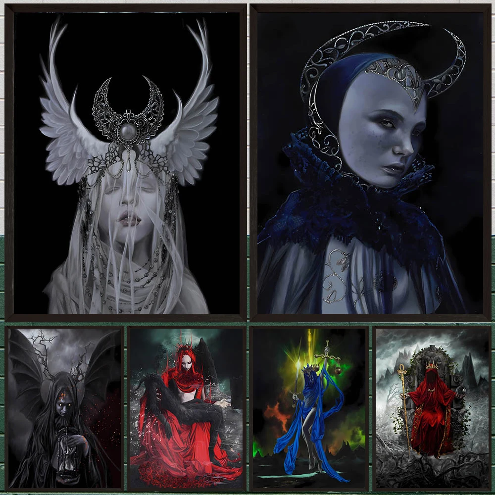 

Dark Gothic Surrealist Wall Art Canvas Painting,Horned Goddess, Red Demon, Hooded Ritualist Spooky Canvas Posters Print Decor