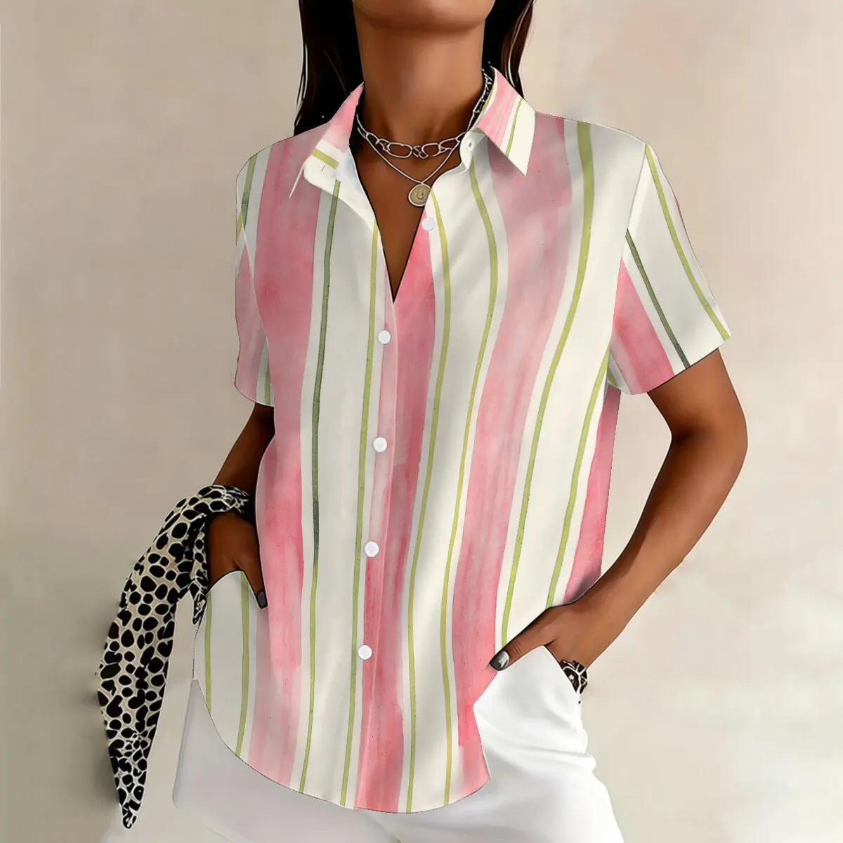 

Летняя женская рубашка больших размеров с короткими рукавами, в полоску с цветовыми блоками, свежая и милая, в стиле ретро и арт-стиле, подходит для офиса.